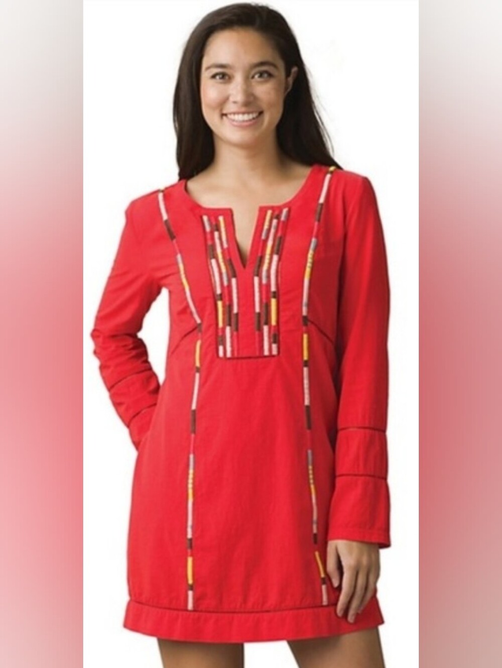 prAna Lahela Tunic Red Multi-Color Boho Geometric Embroidered Top